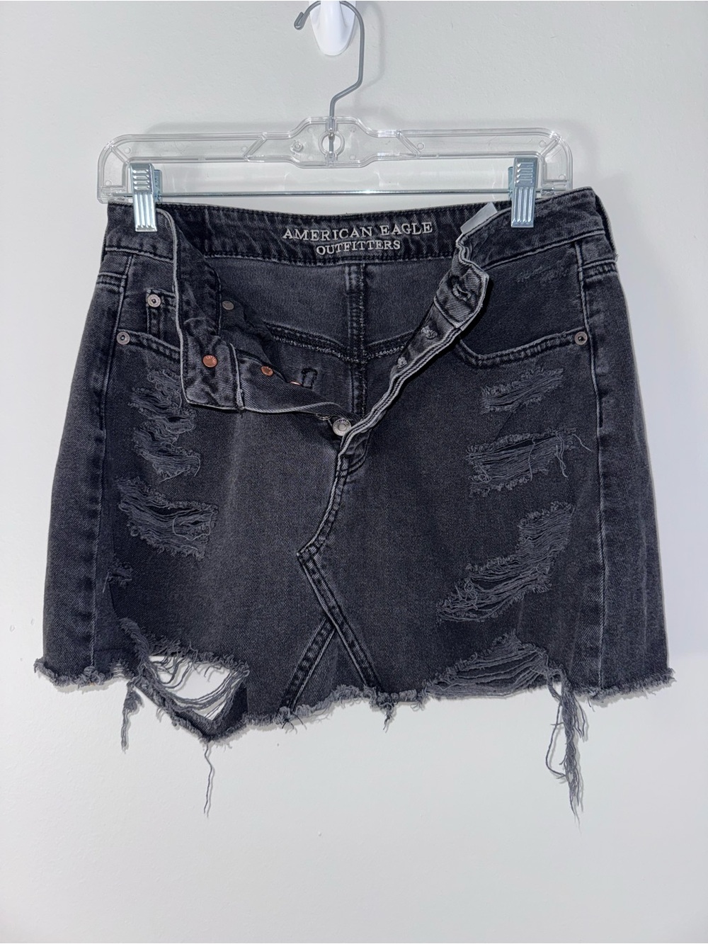 American Eagle Outfitters Washed Black Distressed Denim Mini Skirt